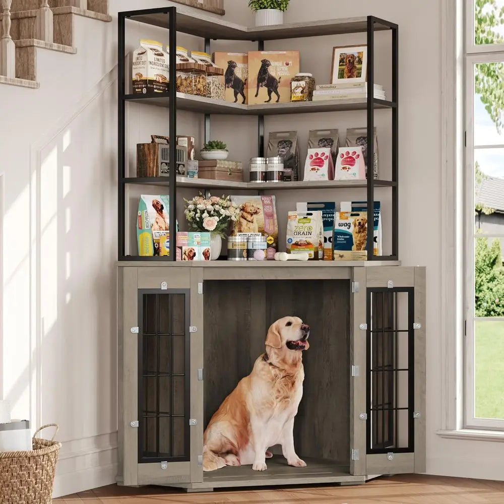 Stylish Indoor Dog Crate with Storage, Double Locks, 4-Tier Shelves for Medium to Large Dogs