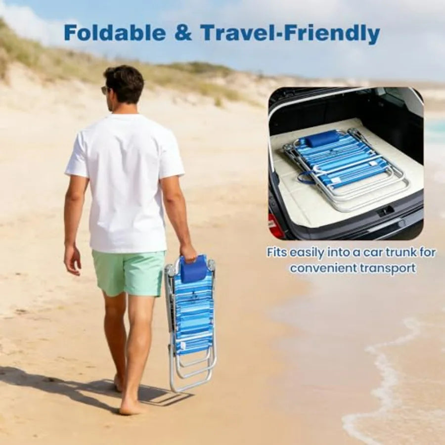 Outdoor Folding Beach Chair for Adults: Lightweight Aluminum Frame, Black Color, Supports 500 LBS With Cup Holders and High Back