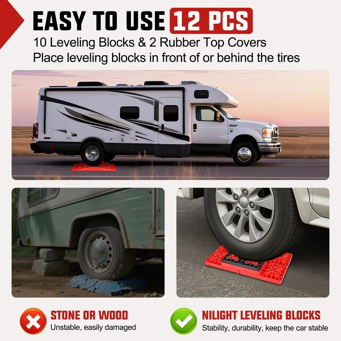 Leveling Blocks 12 Pack Interlocking Design Stabilizer Block Anti-Slip Rubber Covers Customizable Height with Carrying Bag for RV Camper Travel Trailer, Adjustable Camper Stabilizer Blocks for Motorhome Trailer Tire Support