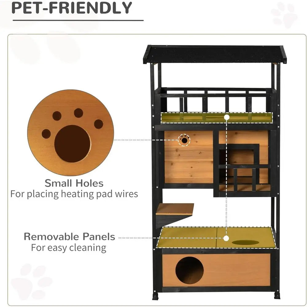 Wooden Outdoor Cat House, Feral Cat Shelter Kitten Condo with Asphalt Roof, Ese Do, Condo, Jumping Platform, Yellow