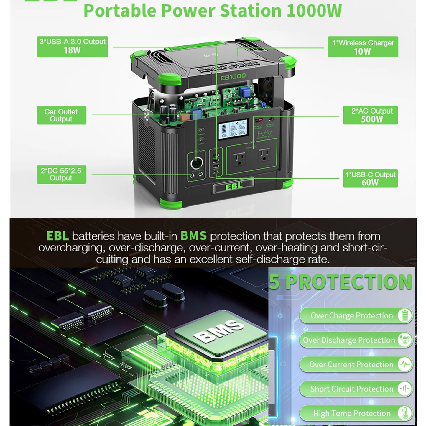 Portable Solar Generator 999W Power Station Wireless Charging 110V PD 60W Fast Charge Battery, AC, Vehicle DC, Solar Charger