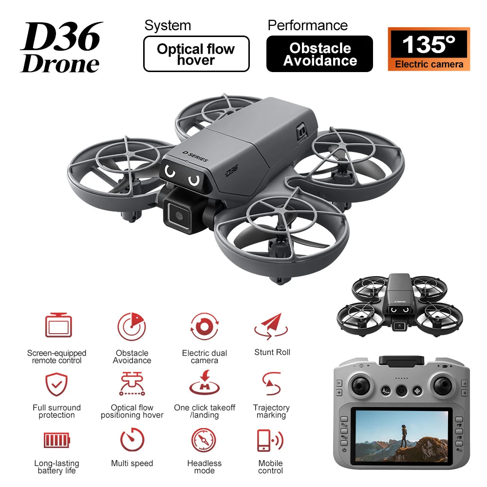 D36 Mini Drone with Screen Remote - Fully Enclosed Propellers, 4-Directional Obstacle Avoidance & LED Lights Safe Indoor Fly Toy