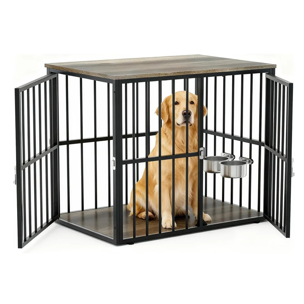 43 Inch Dog Crate Furniture Wooden Dog Kennel End Table Side Table Nightstand for Large Medium Dogs up to 90 Lbs Heavy-Duty Indoor Pet Cage with Lockable Double Doors Removable Tray Divider Panel for Living Room Bedroom Entry