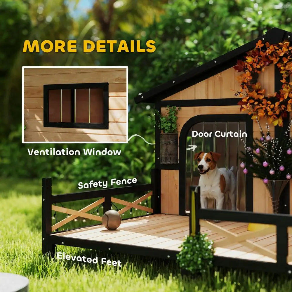 Dog House Outdoor, Wooden Dog Kennel Weatherproof with Porch, Openable Roof, Removable Bottom, Elevated Floor, Double Room for Two Pets