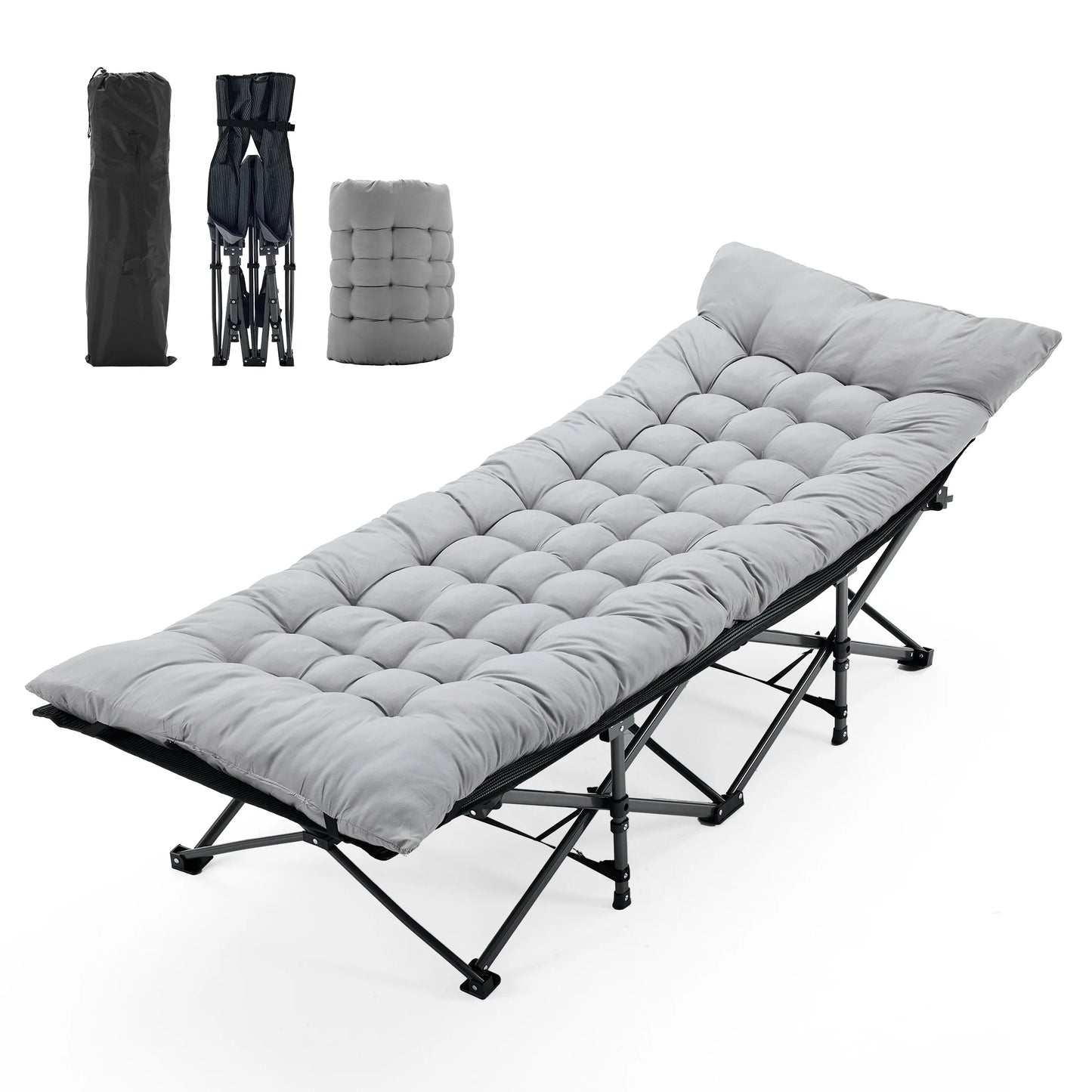 Folding Camping Beach Lounge Chair Portable 3.5'' Cushion 440 lbs Sturdy Frame Compact Carry With Storage Bed for Outdoor