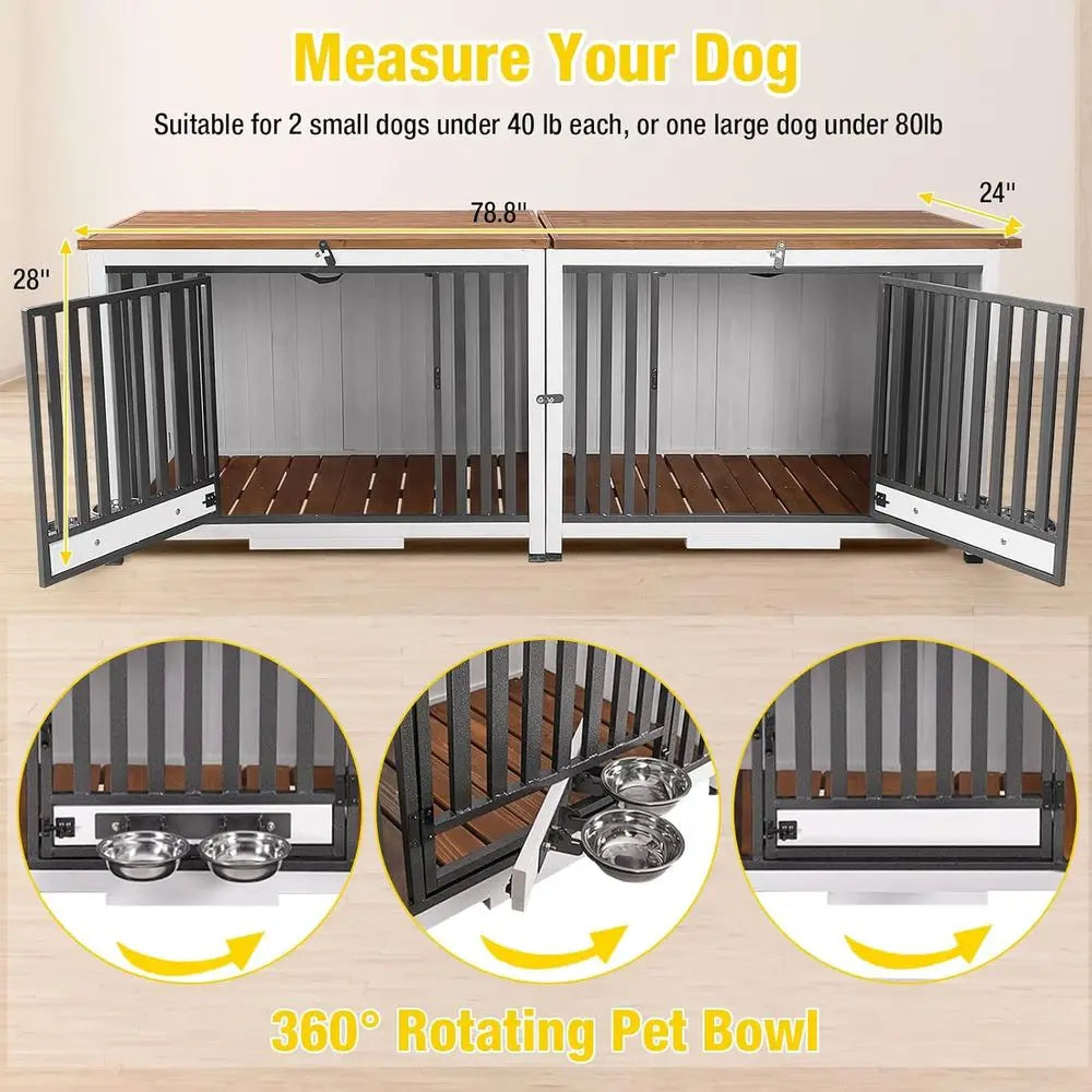 Expandable Wooden Dog Crate with 360° Swivel Bowls, Double-Sided End Table, Indoor Kennel, No Assembly Required