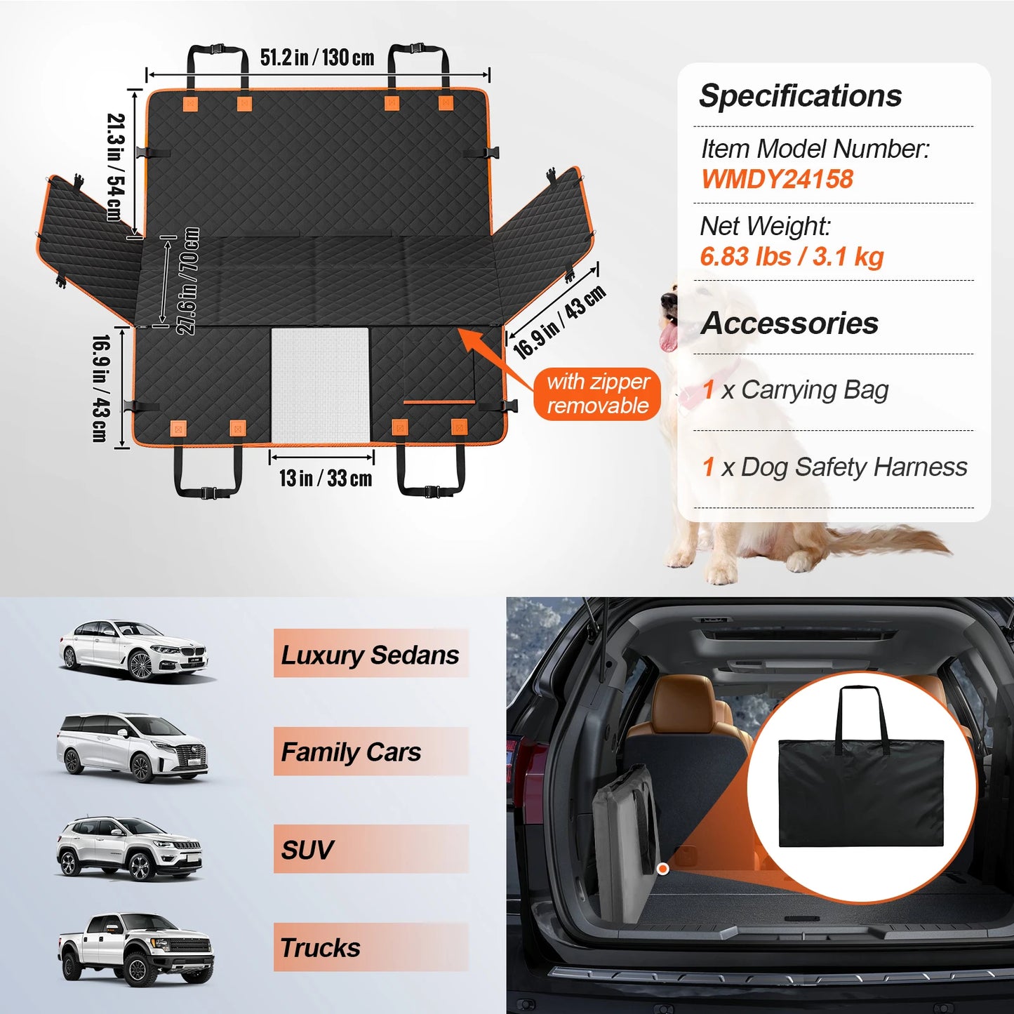 Back Seat Extender Dog Car Seat Cover for Back Seat Bed with Mesh Window and Storage Pocket Supports 350 lbs, Dog Hammock