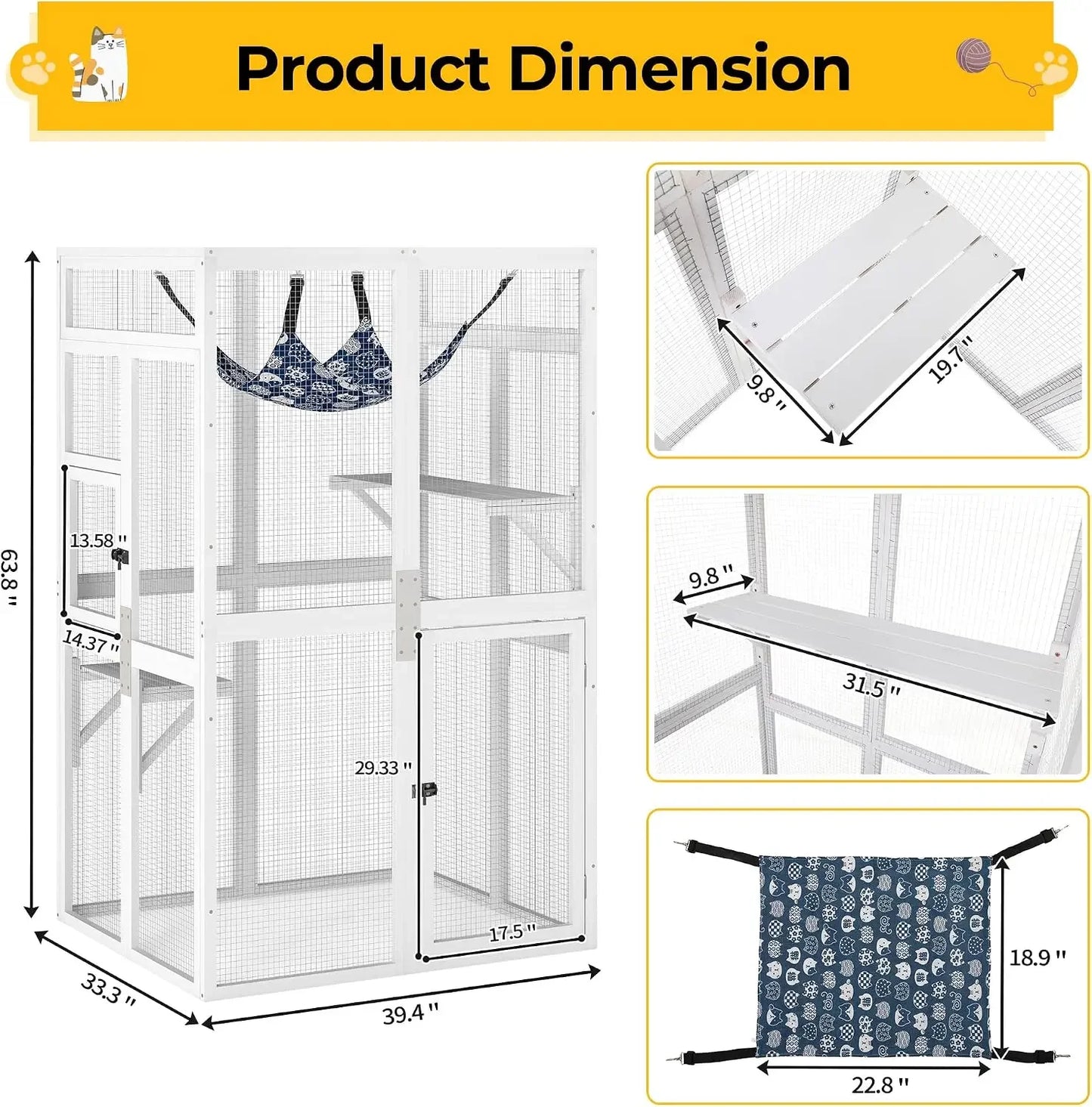 Wooden Catio Outdoor Cat Enclosure with Window Access & Mesh, Weatherproof Kitty House for Patio/Backyard (White)