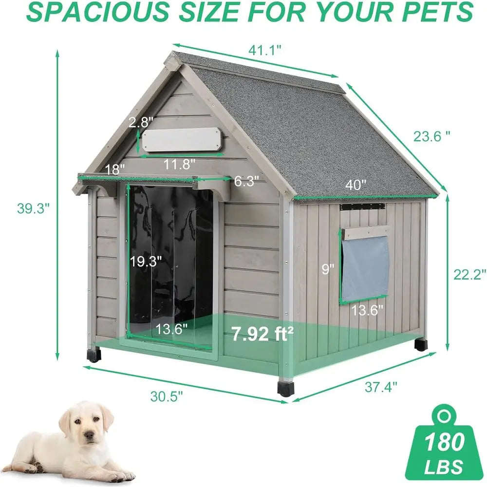 30.5" Waterproof Asphalt Roof Outdoor Dog House for Small to Medium Dogs, Large Metal Anti-Chew Indoor Kennel with Cloth Window