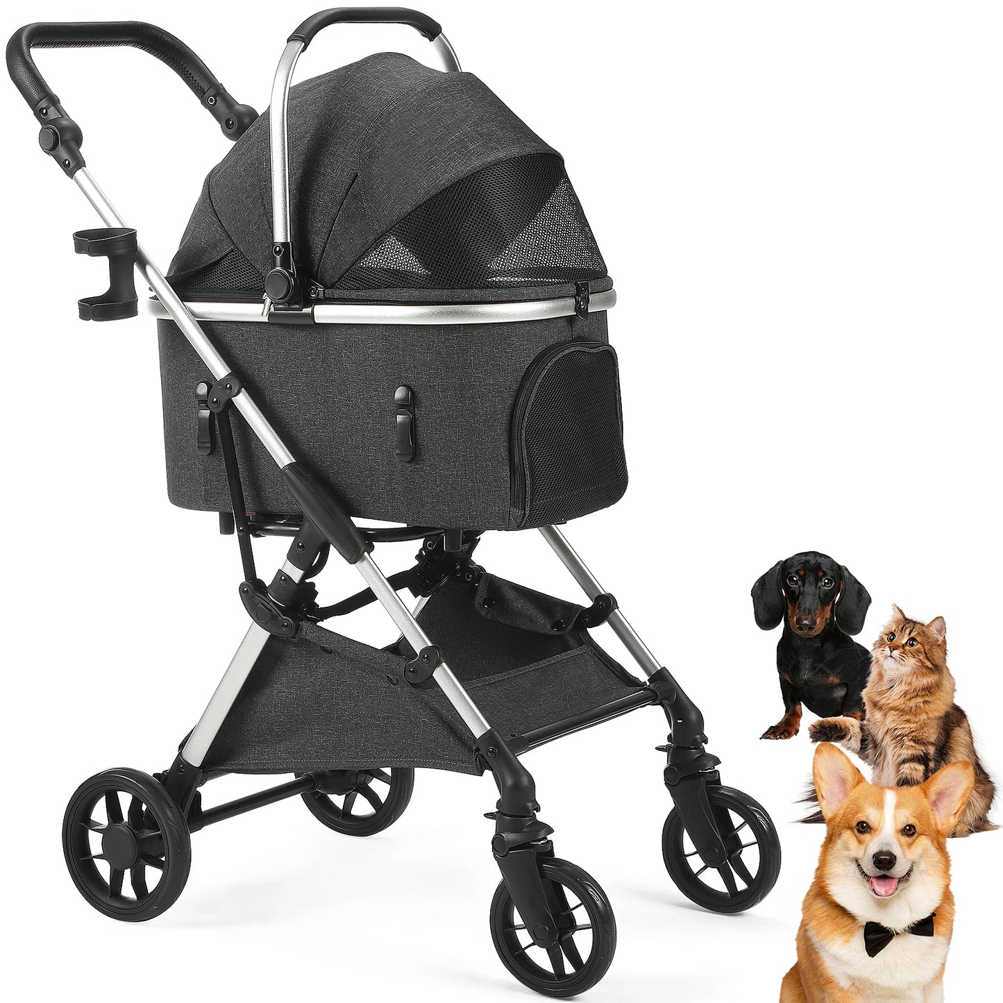 Portable Lightweight Pet Stroller for Medium Dogs - Smooth-Ride 4-in-1 Car Seat Combo with Detachable Carrier Rubber Wheels Quick-Folding for Seniors Cats