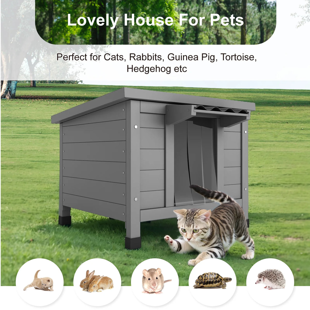 23.6" Wooden Outdoor Cat House, Weatherproof Shelter for Feral Cats, Elevated Feet & Corrugated Roof, Waterproof Cat Shelter for Outdoor Indoor Cats