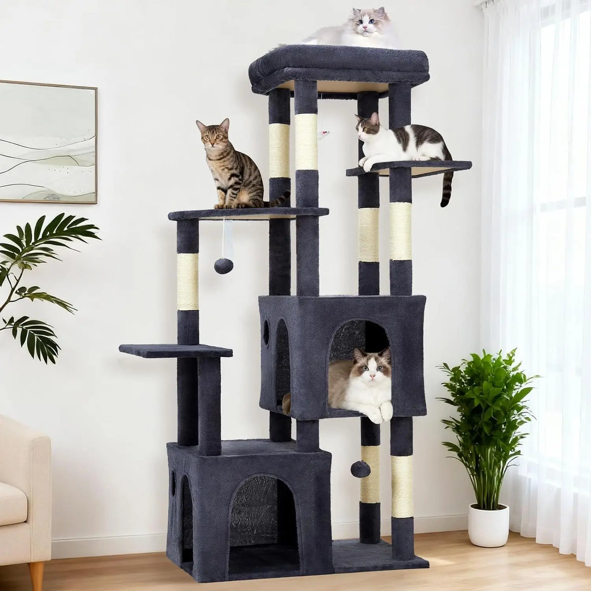 61-Inch Large Cat Tree Tower with 7 Scratching Posts, 2 Cat Condos, Top Perch Multi-Level Cat Climbing Tree Furniture with Hanging Toys Anti-Toppling Design for Indoor Cats Multi Cat Homes
