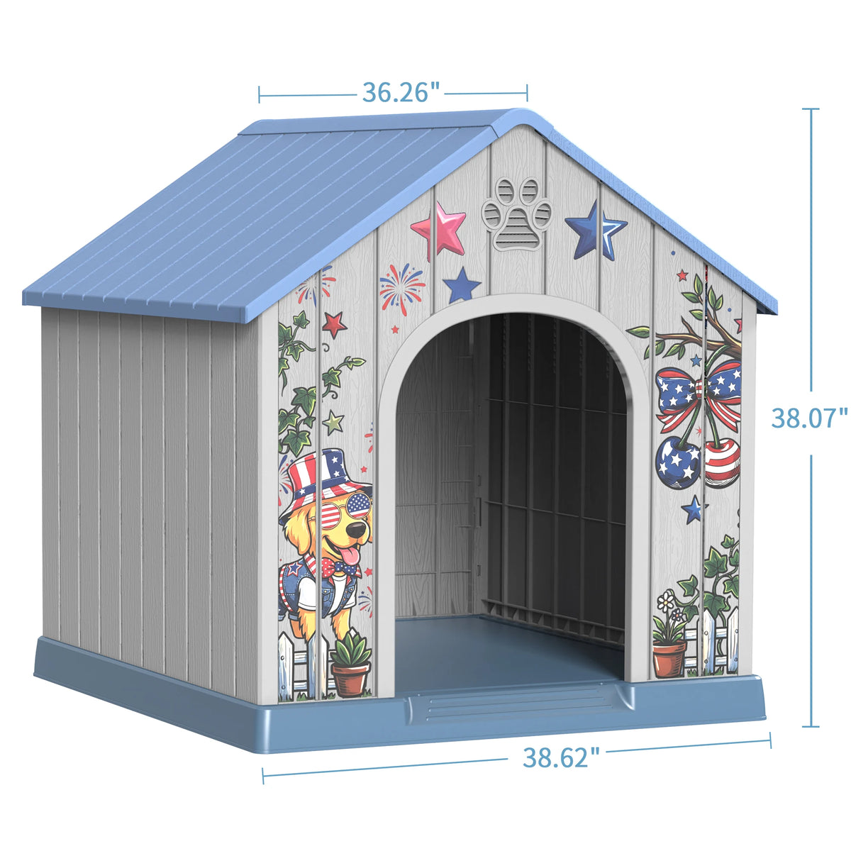 Outdoor Plastic Dog House, Weatherproof Pet Shelter with Printed Pattern Door, Outdoor Dog Cabin for Small Medium Dogs