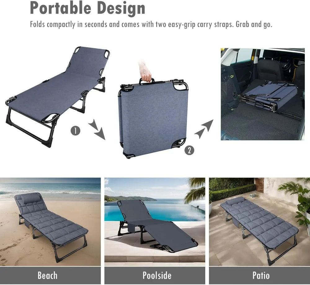 Folding Camping Cot with Padded Mattress & Pillow, 4-Position Reclining, 500lbs Capacity, Blue