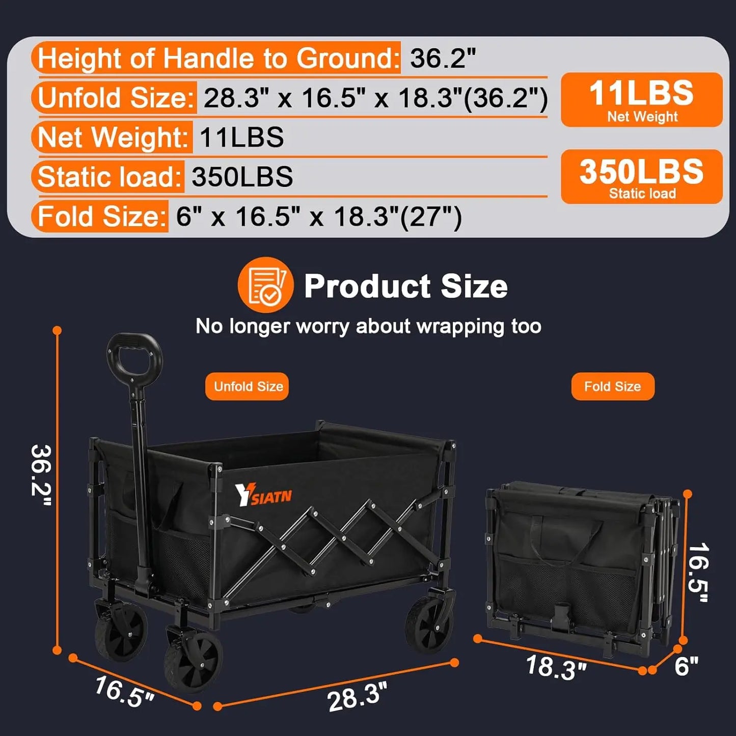 Collapsible Wagon Cart Foldable with 350lbs Weight Capacity, Lightweight Utility Shopping Cart