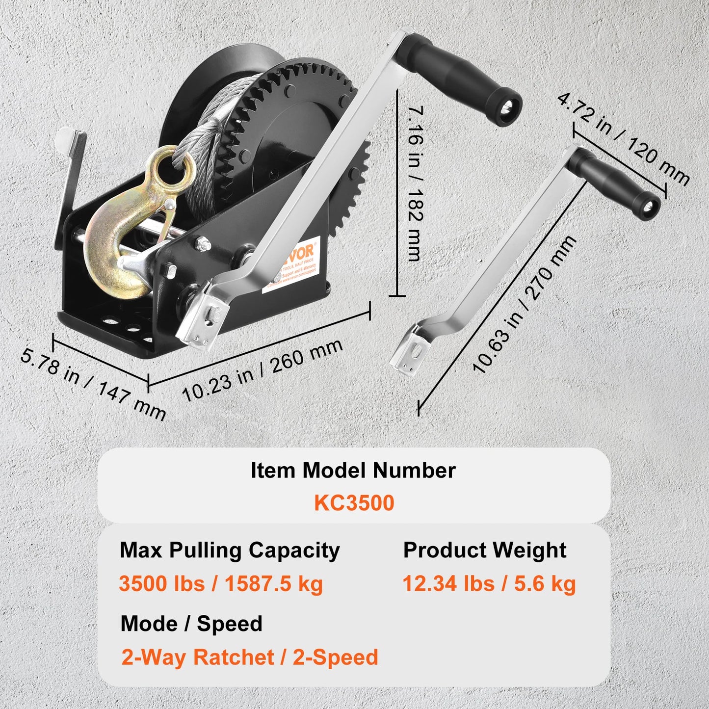 Hand Winch Heavy Duty Rope Crank with 33 ft Steel Wire Cable and Two-Way Ratchet for Trailer, Boat or ATV Towing
