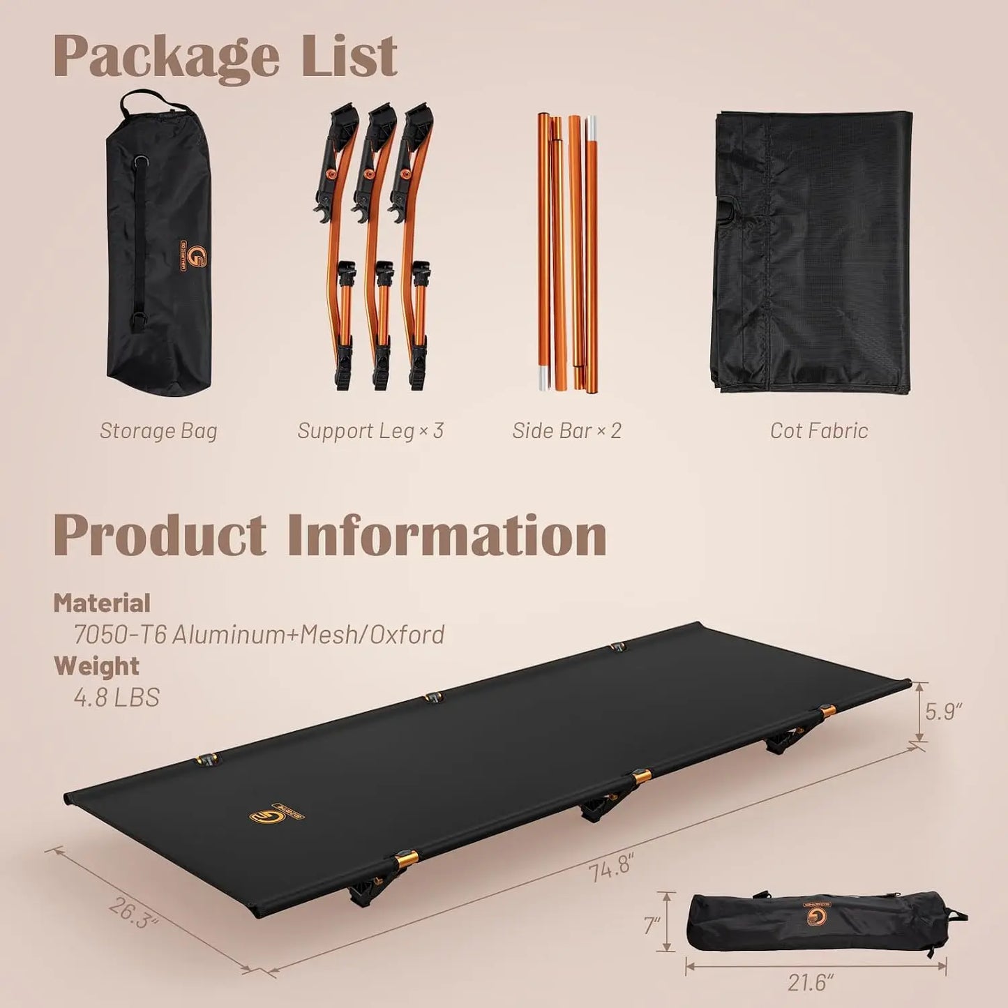 Foldable Camping Cot, Ultralight 4 lbs, Heavy Duty 264 lbs, Compact for Backpacking Hiking, with Storage Bag