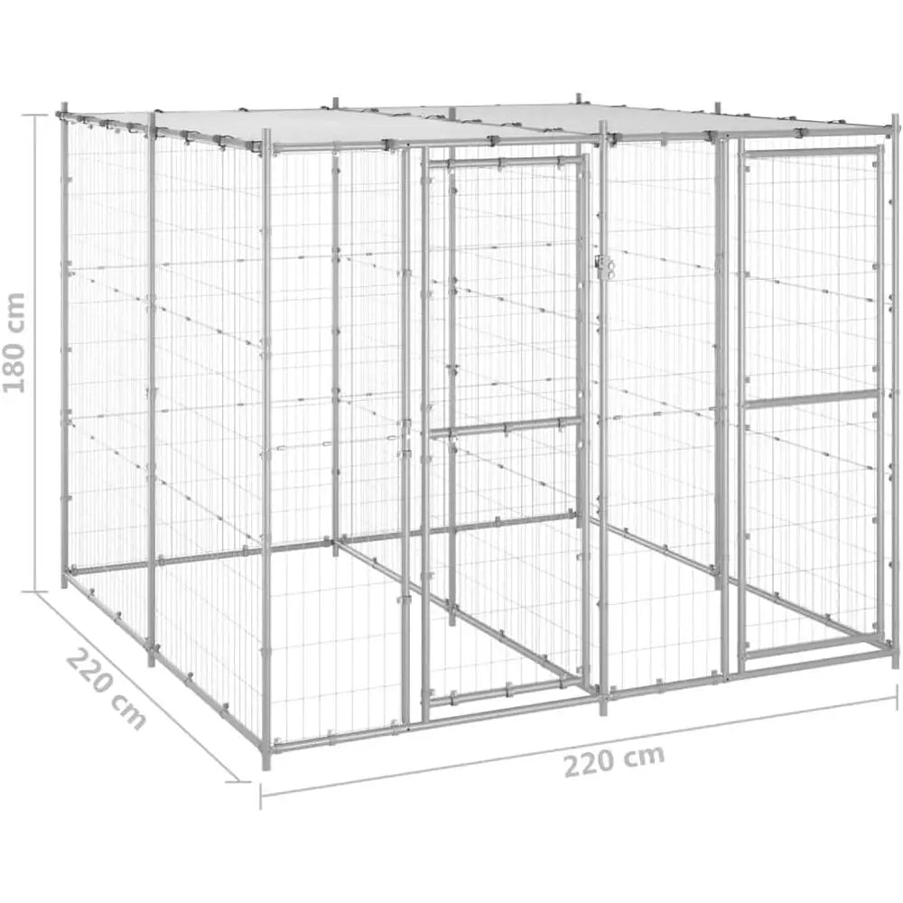 Sturdy Outdoor Metal Dog Crate, Lockable Kennel with Roof, Silver, 86.6L x 86.6W x 70.9H