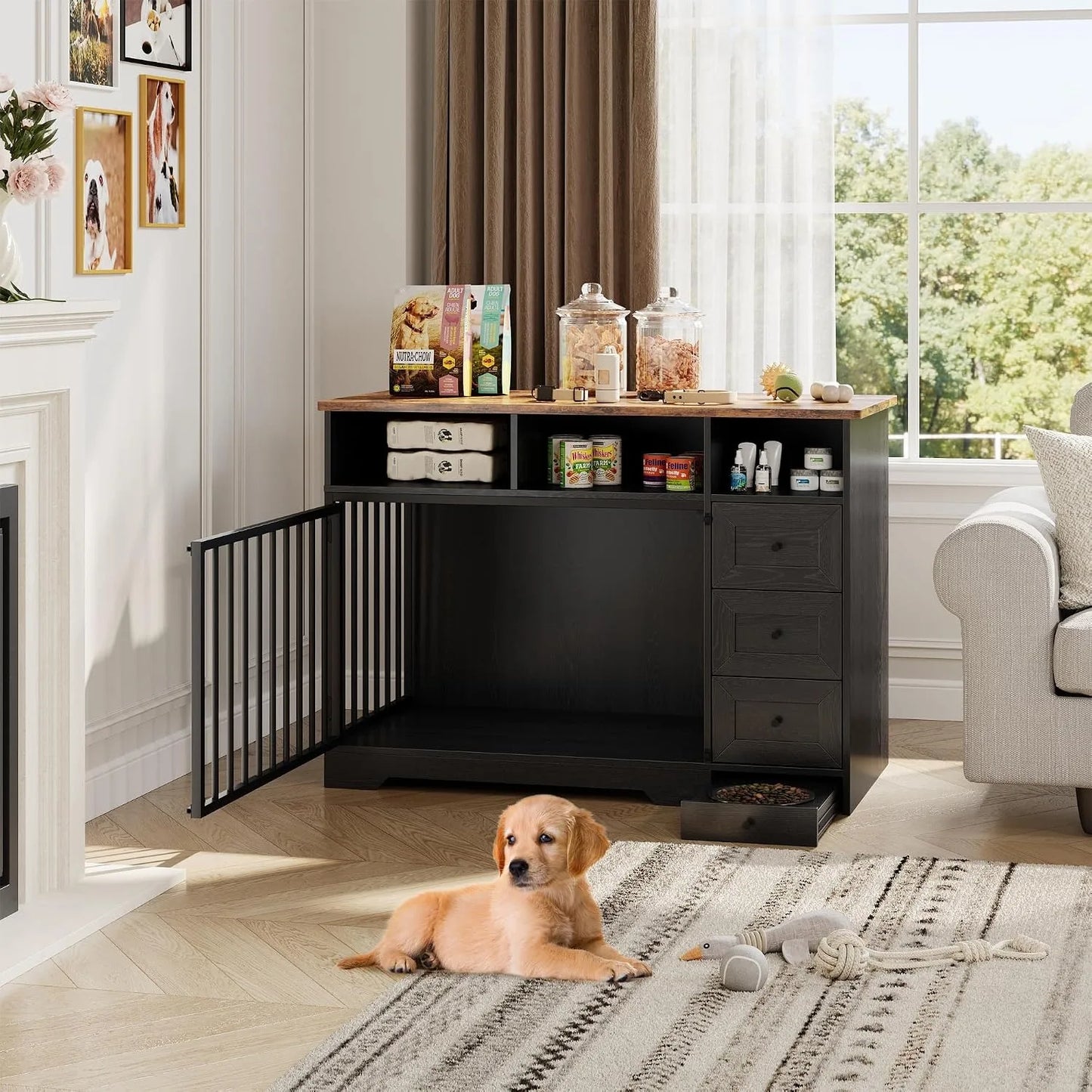 48 Inch Dog Crate Furniture with Feeding Bowl Storage Drawers Heavy Duty Wooden Dog Kennel Cabinet Lockable Indoor Pet Cage Table for Small Medium Dogs Living Room Bedroom Office
