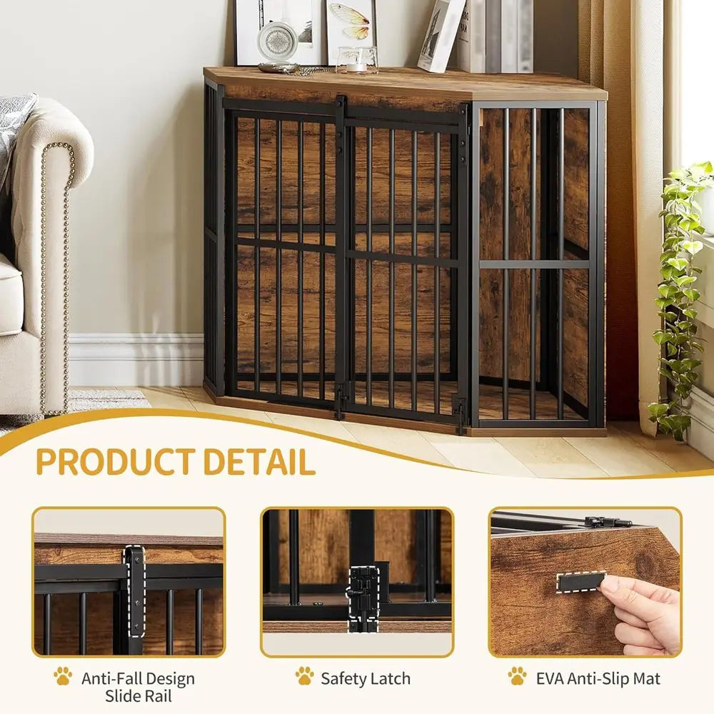 Corner Dog Crate Furniture with Barn Door, Heavy Duty Dog Kennel Indoor, Wooden Decorative Pet Cage for Small, Medium Dogs, Space Saver