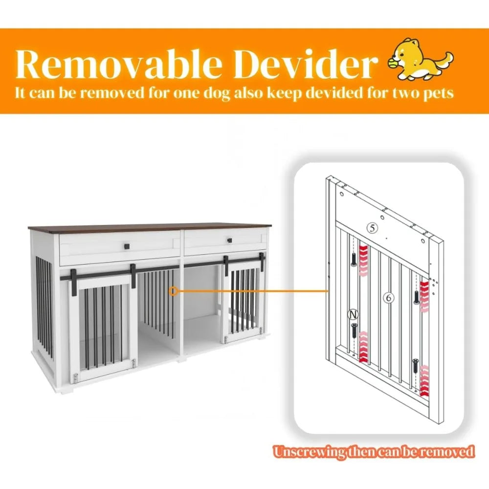 63'' Double Dog Crate Furniture for 2 Dogs, XXL Wooden 2 Dog Kennel, Wooden Dog Kennel with 2 Drawers, Divider and Sliding Door,