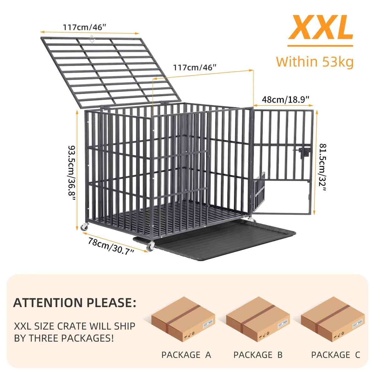 Large Heavy-Duty Dog Crate with 4 Lockable Wheels, 3 Doors, and Tray Metal Pet Kennel Cage Playpen for Medium, Large Dogs