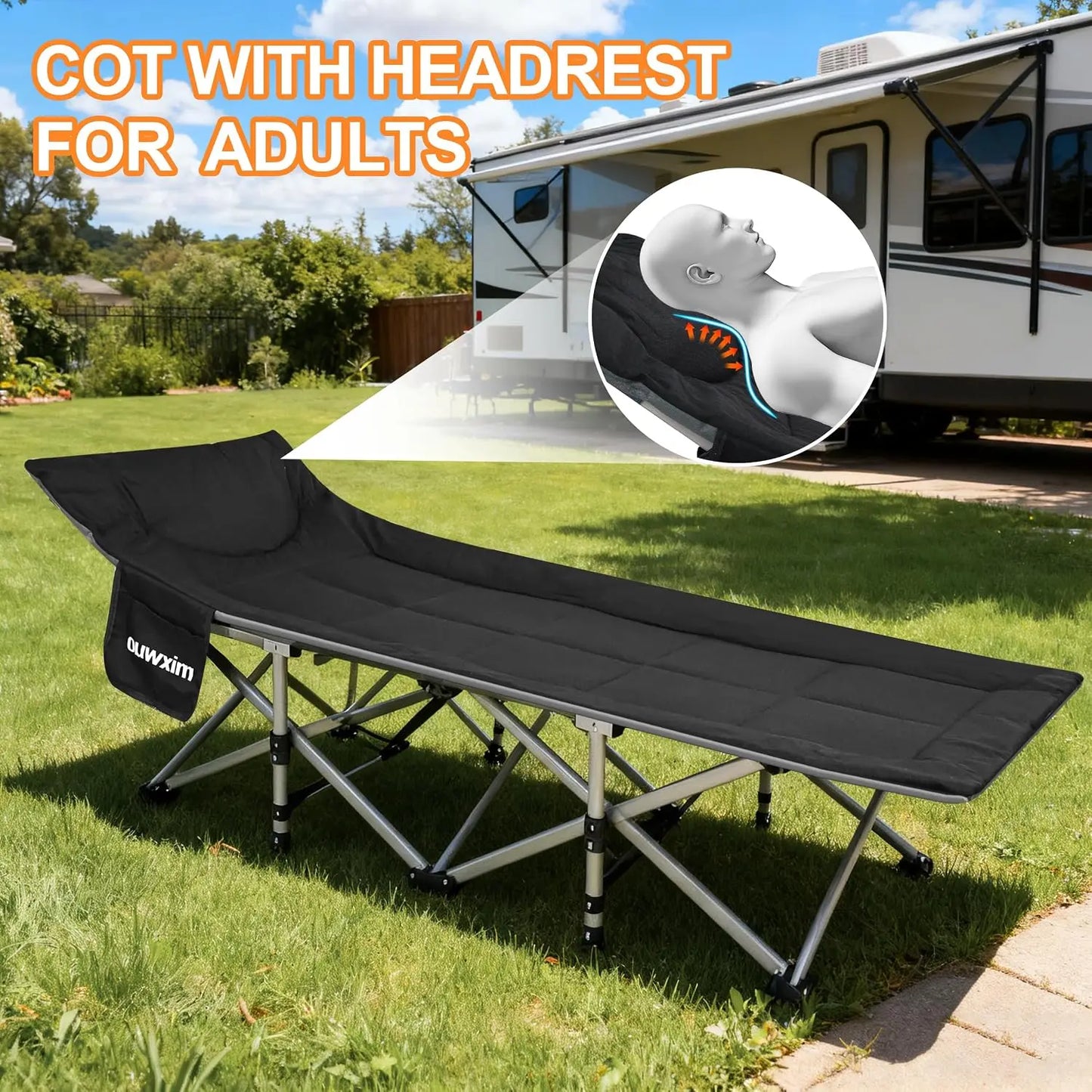 Camping Cot for Adults with Pillow, 450lb Capacity, No Assembly Folding Cot for Outdoor, Compact Storage
