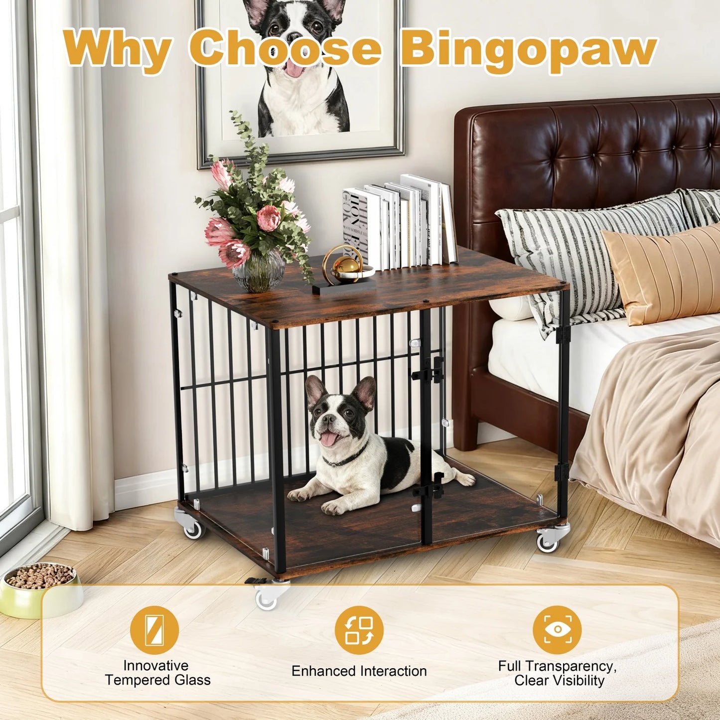 Dog Crate Furniture-Style Cages for Small and Medium Dog Rolling Tempered Glass Pet Kennels End Table Anti-bite