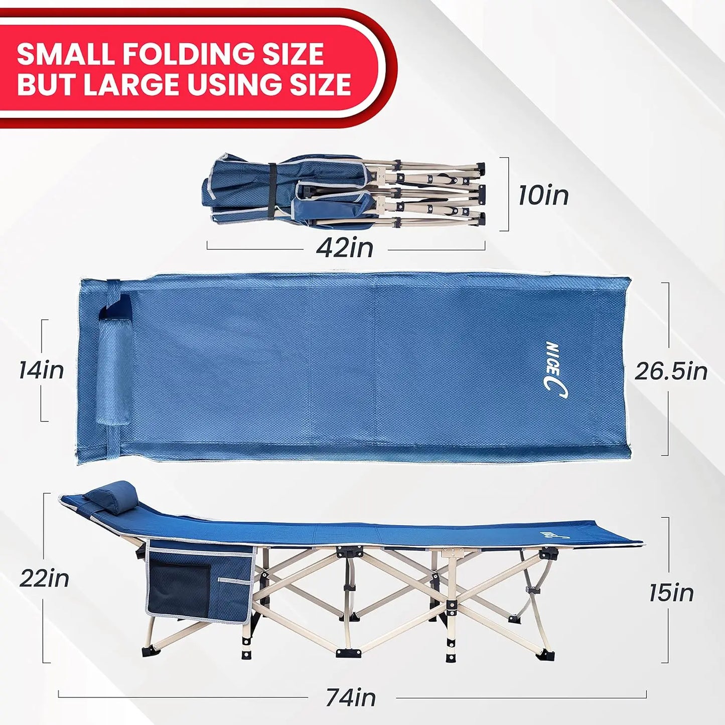 Folding Camping Cot for Adults, Extra Wide with Pillow, Carry Bag & Side Pocket, Holds 500 lbs, Blue