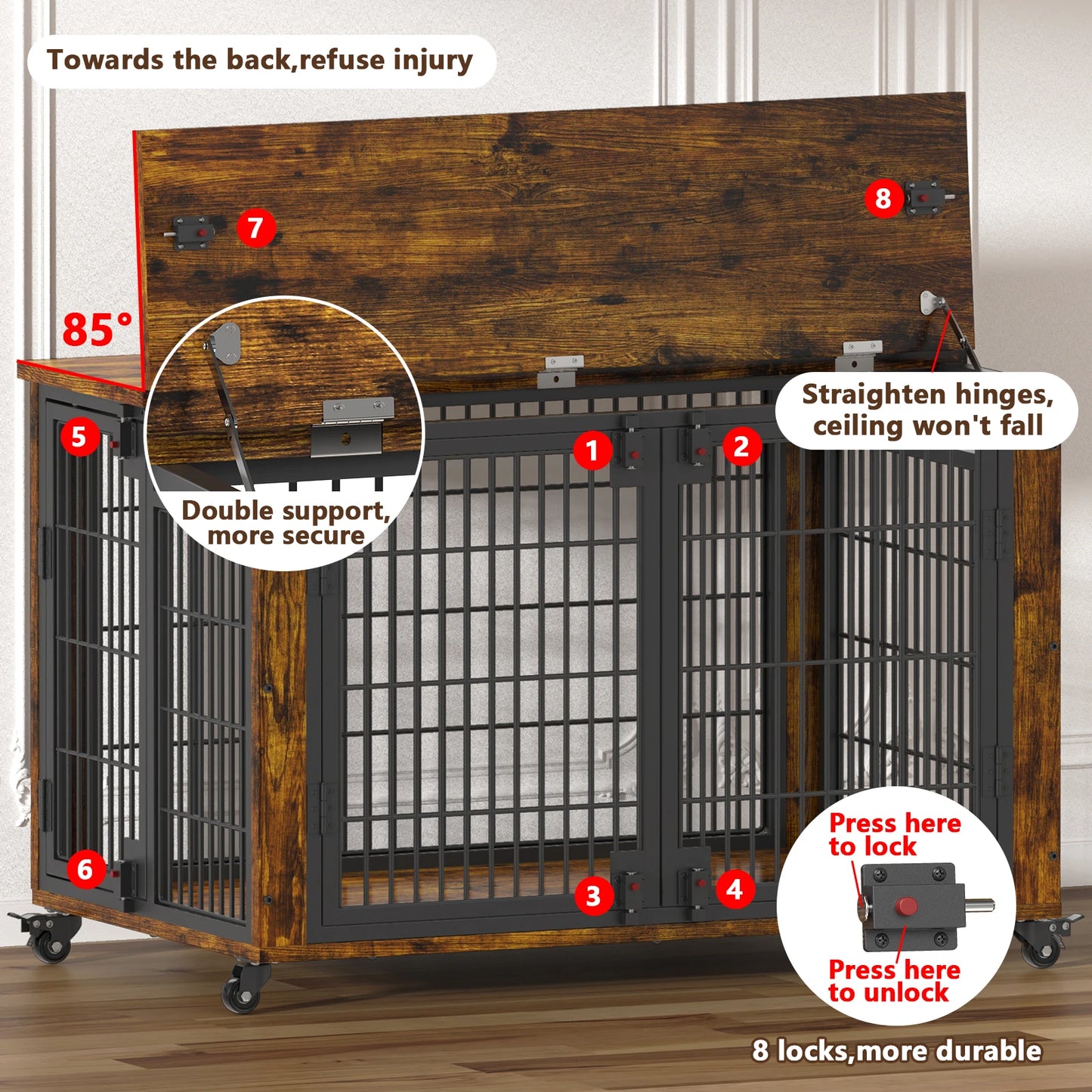 90% Pre-Assembled 41" Moveable XL Dog Crate, Large Dog Crate Furniture with Top-Access Teasing/Feeding Doors, Medium & Large Dogs