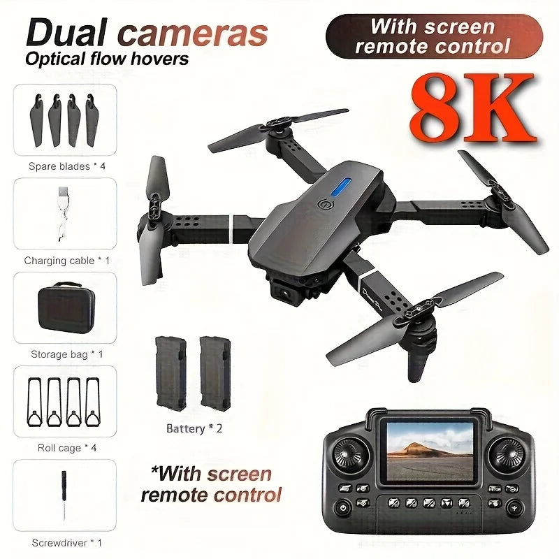 The 2026 Upgraded E88PRO MAX Foldable Drone Features Dual Cameras, Extra Batteries, an 8K Remote Control Screen, and One-Click Return-to-Home Functionality. Suitable for Beginners, It's an Ideal Holiday Gift.