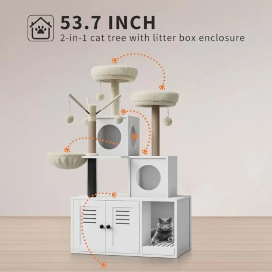 Multi-Level Cat Tree Tower with Cat Scratching Posts, Litter Box Enclosure, Cat Houses Condos, Hanging Cat Toys for Kittens, Adult