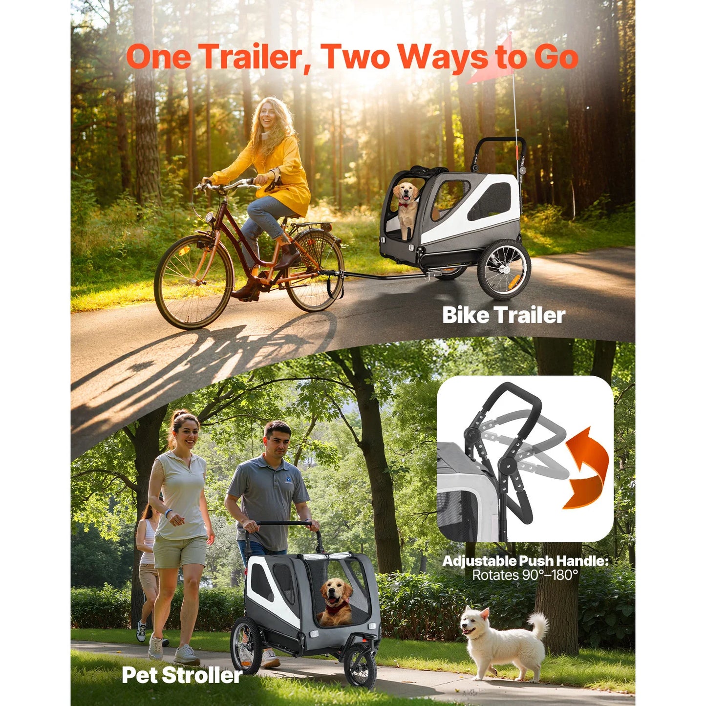 100 lbs Dog Bike Trailer 2-in-1 Pet Stroller Cart Bicycle Carrier with Release Wheel & Coupler for Small & Large Dogs