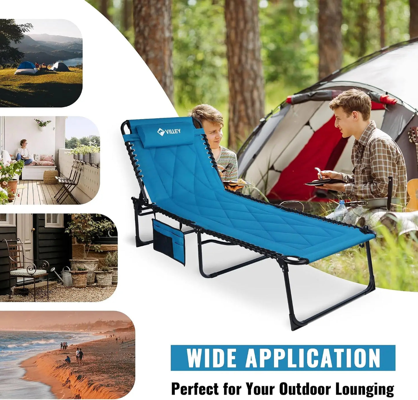 Oversized Padded Chaise Lounge with Cushion, Foldable Camping Cot, Patio Reclining Chair for Outdoor Indoor Backyard Garden Camping Relaxing Beach
