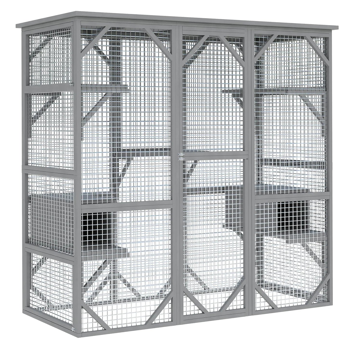 Extra Large Walk-in Catio Outdoor Enclosure Weather-Resistant Cedar Multi-Level House With Window & Locking Doors For Cats