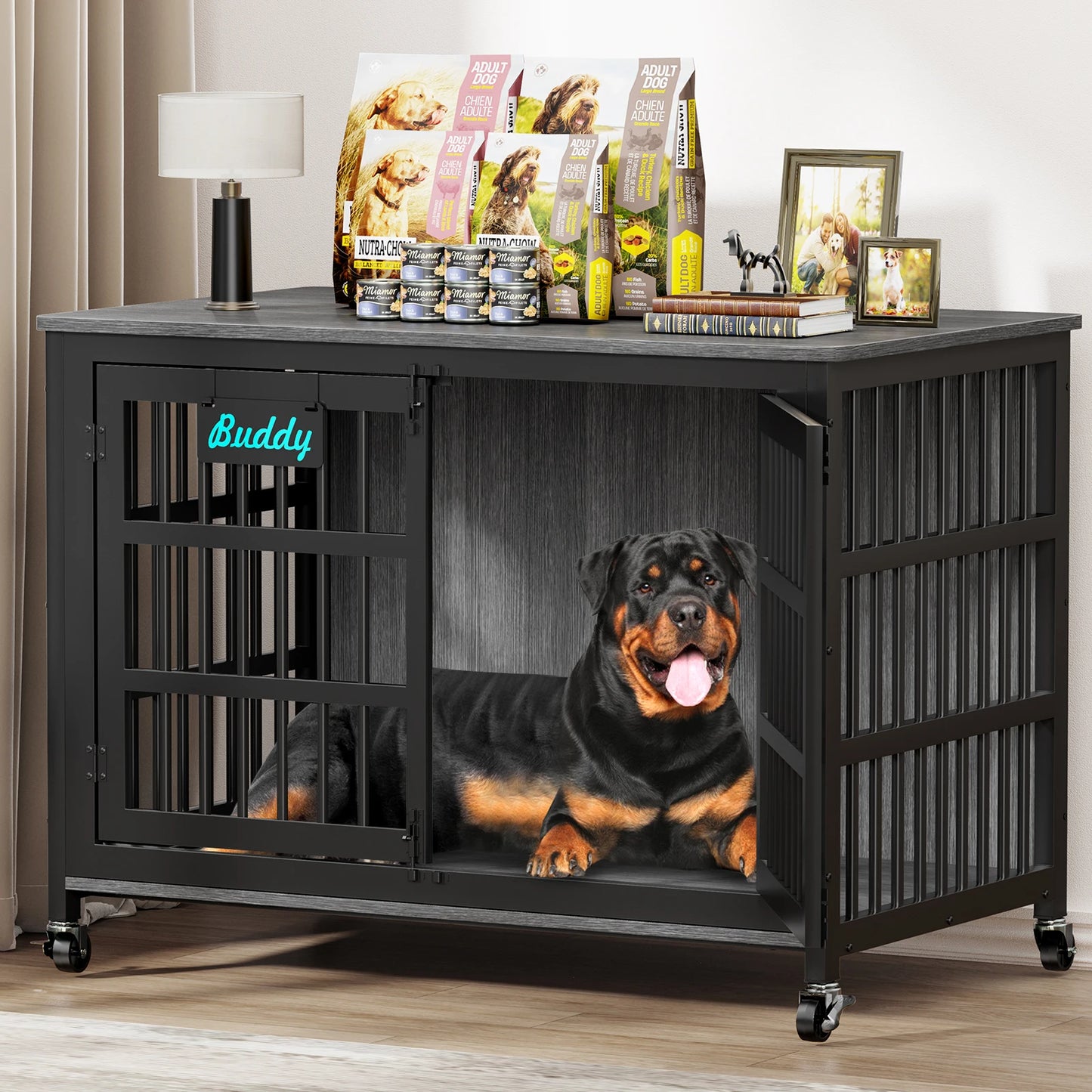 Dog Crate Furniture with Casters, Heavy Duty Dog Kennel Indoor for Large and Medium Dogs, Decorate House as TV Stand, Bedside Table
