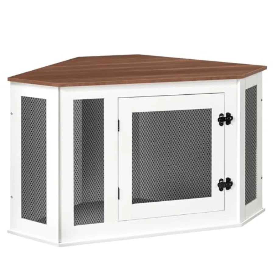 Corner Dog Crate Furniture, Wooden Dog Kennel End Table, Decorative Pet Crate Indoor Use, Furniture Style Dog House for Small to Medium Dog