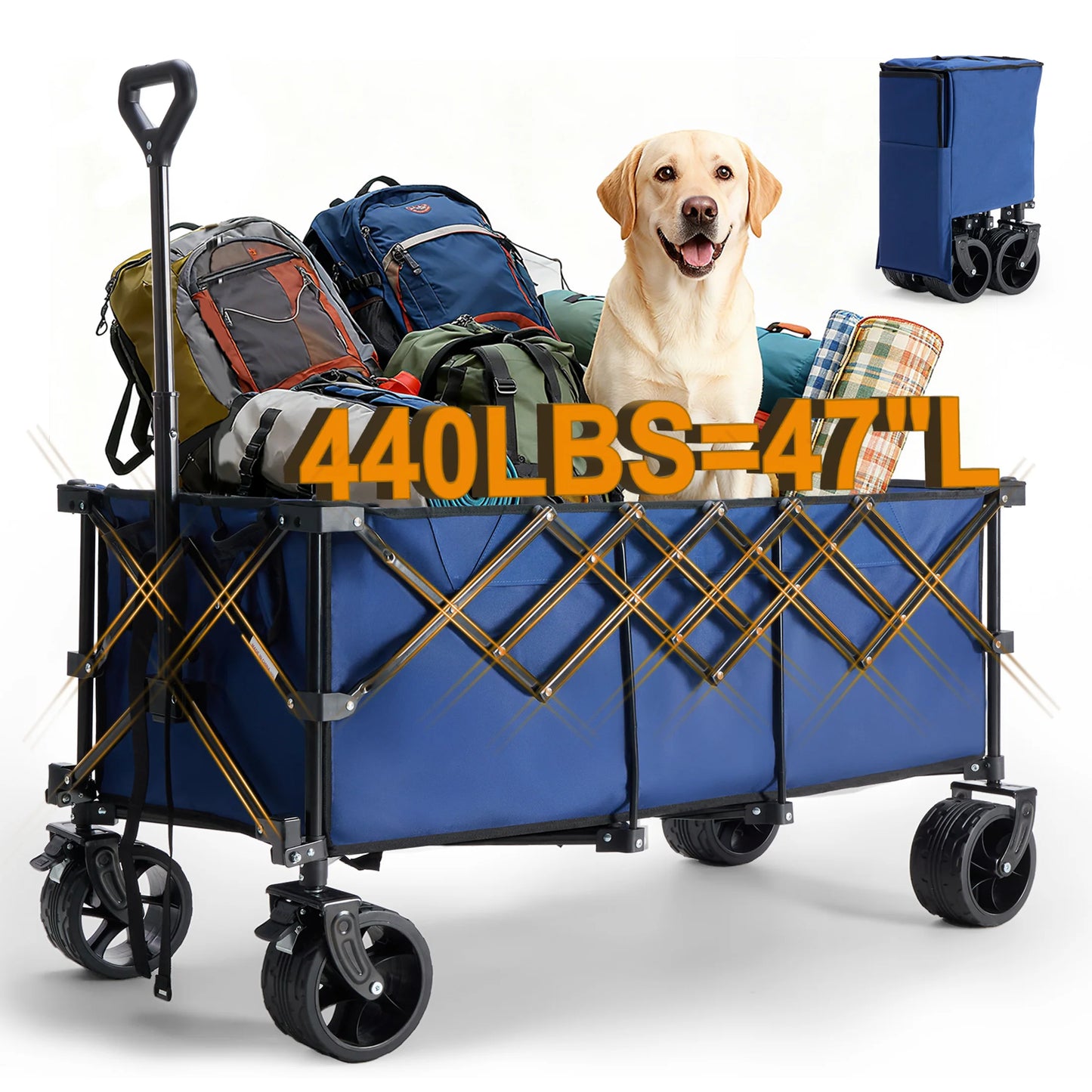 Portable Extended Collapsible Wagon Cart 440lbs Foldable Extra Long Heavy Duty Utility Wagon with Wheels Storage Grocery Cart for Camping Shopping Sports Beach Garden