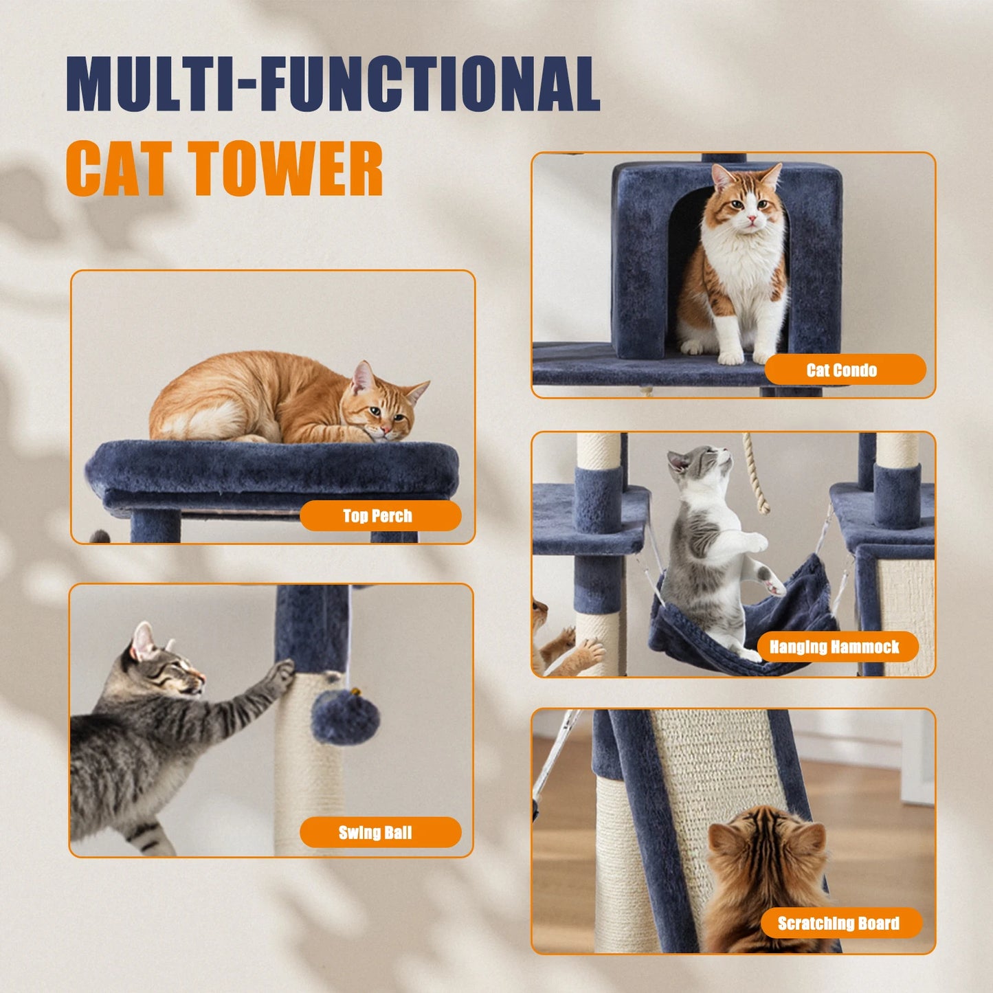 63 In Cat Tree Tall Multi-Cat Climbing Tower for Pet Furniture Natural Sisal Scratching Posts, Stable Pet House for Indoor Cat