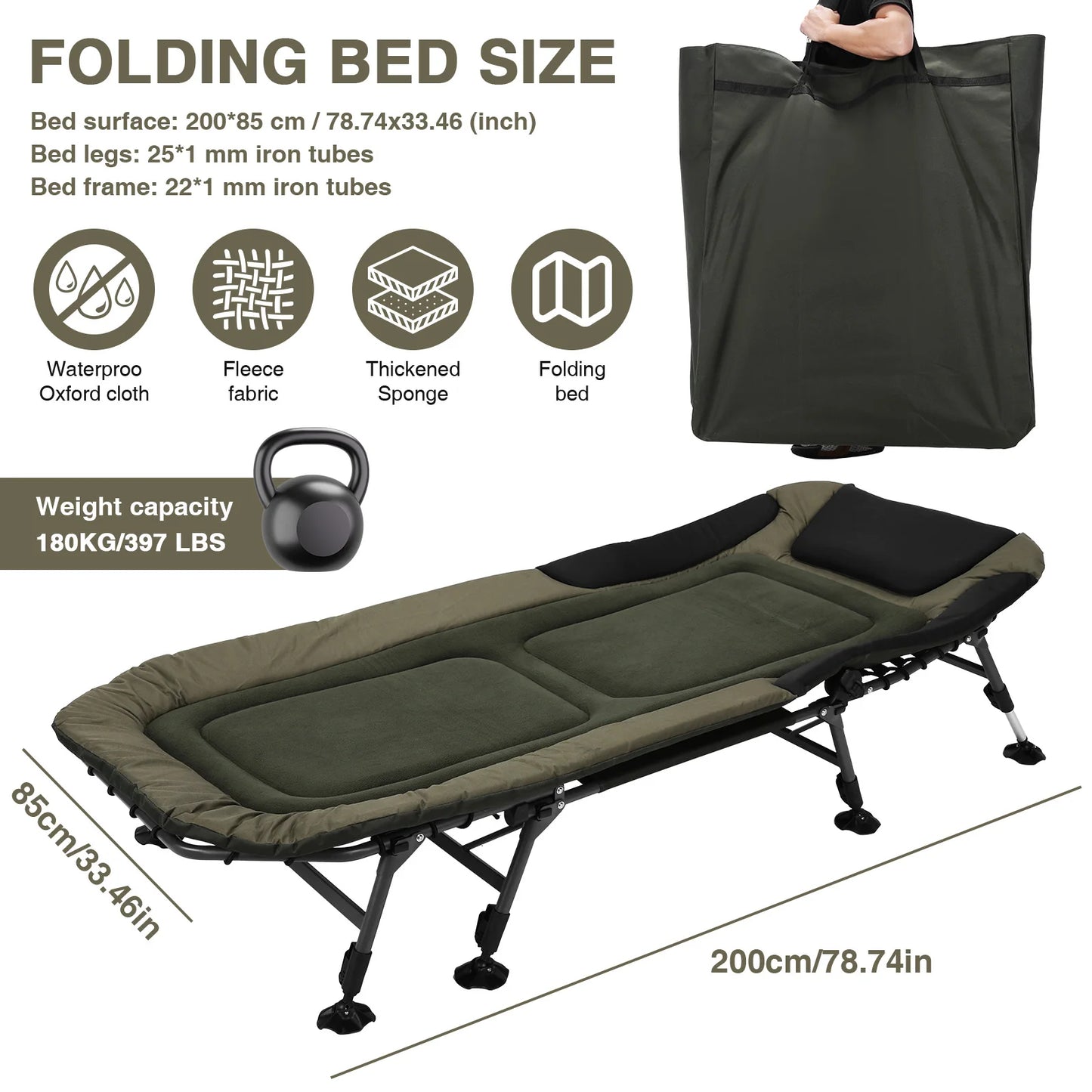 33in Wide Camping Cots with Carry Bag Adjustable Fold Up Bed Holds Up To 397LBS Easy To Set Up for Outdoor Travel Beach Hiking