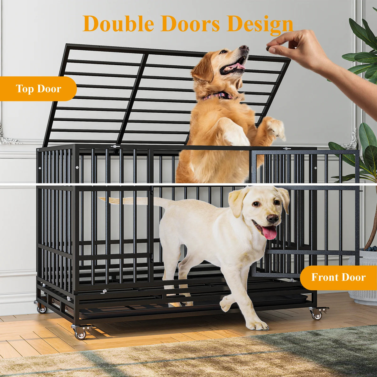 48" Heavy-Duty Dog Crate, Escape-Proof Steel Cage for High Anxiety Dogs with Double Doors, Lockable Wheels & Removable Tray, Indoor Outdoor