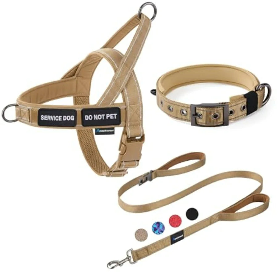 No Pull Dog Harness, Heavy Duty Collar and Leash Set-Leash with Double Handle and Car Seatbelt Clip-Easy Control for Walking
