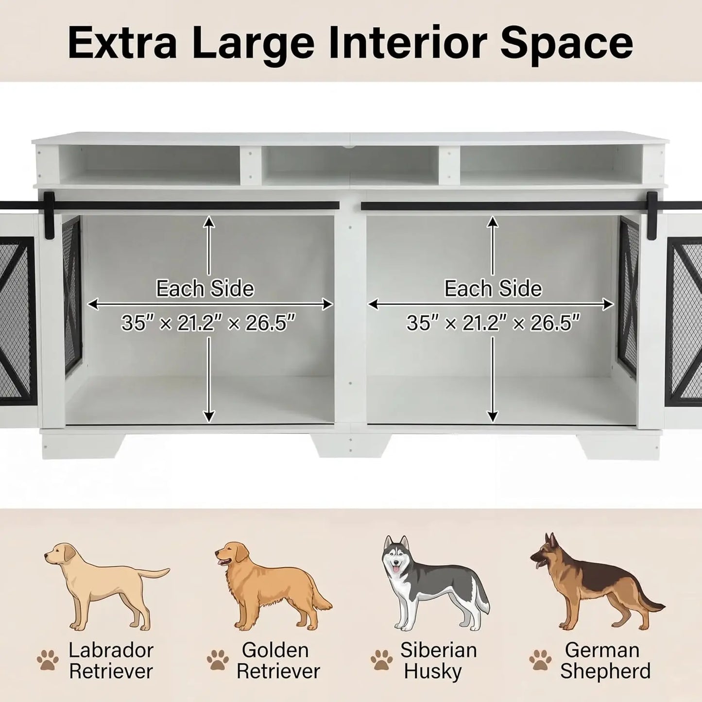71" Double Dog Crate Furniture with Sliding Doors, Wood & Metal Dog Cage with Divider, Large Dog Kennel, Indoor Crate TV Stand