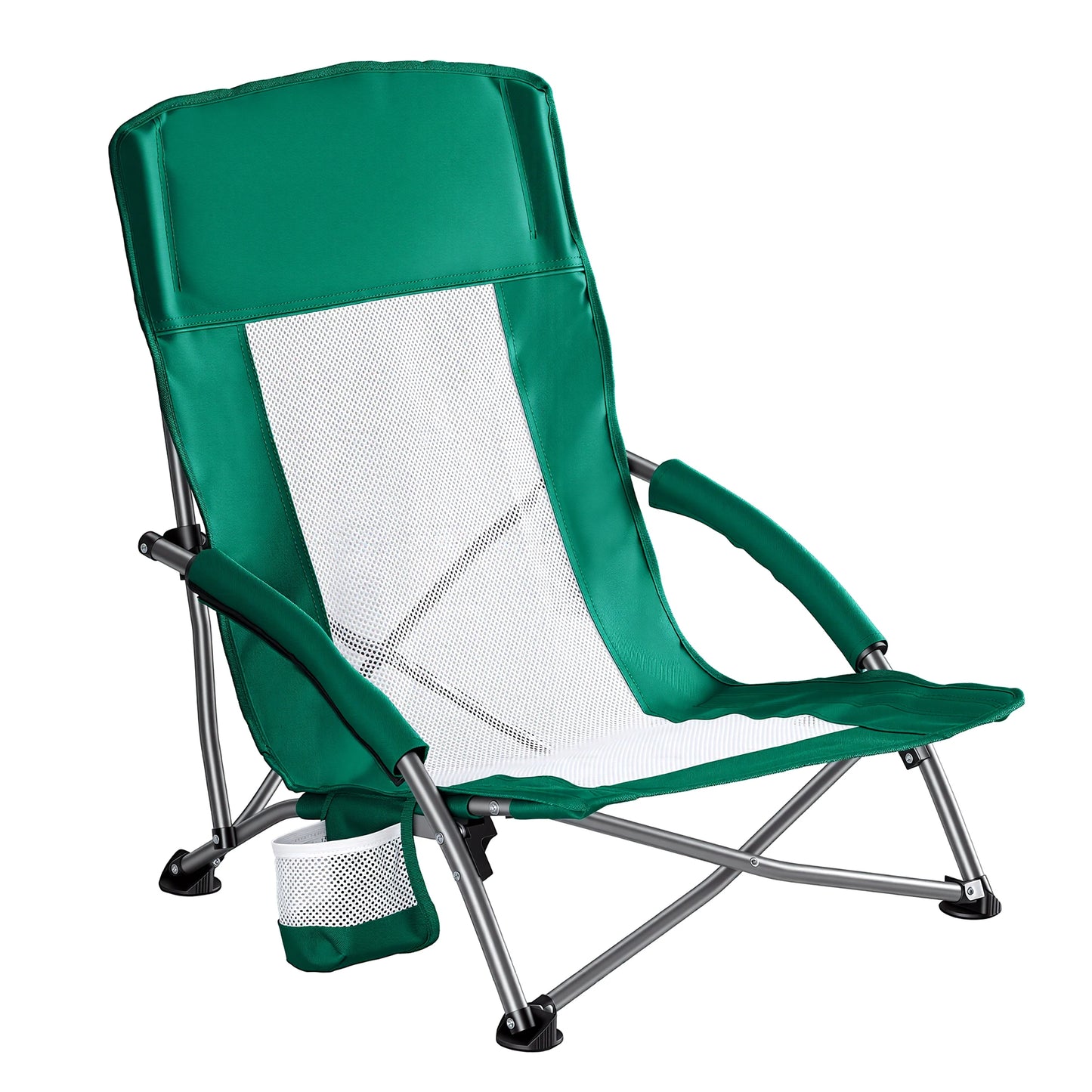 Portable Lightweight Low Camping Beach Chair Mesh Back Padded Armrests Folding Beach Chair with Cup Holder Storage Pocket for Camp Picnic Lawn