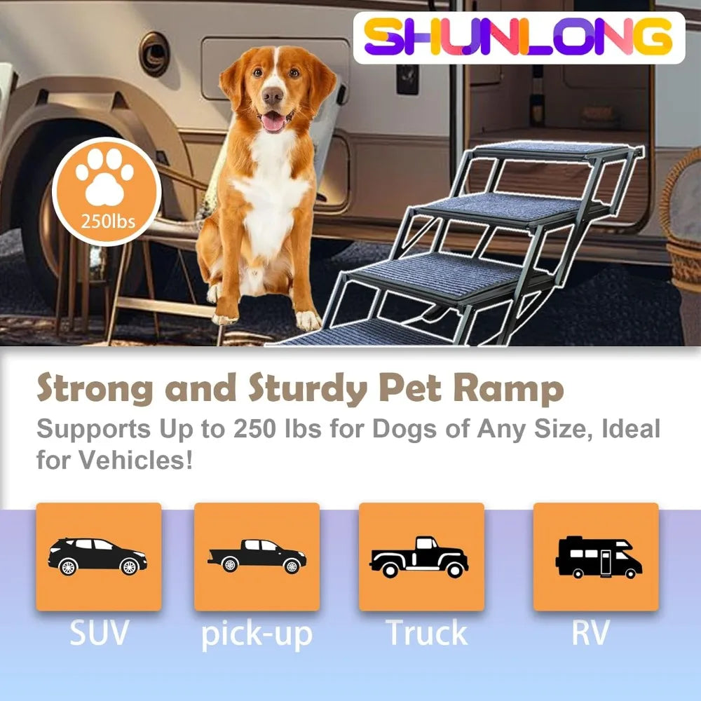 Dog Ramp for Car Truck, and SUV Dog Stairs for Large Dogs Folding Pet Stairs With Non-Slip Rug Surface Supports Up to 250 lbs