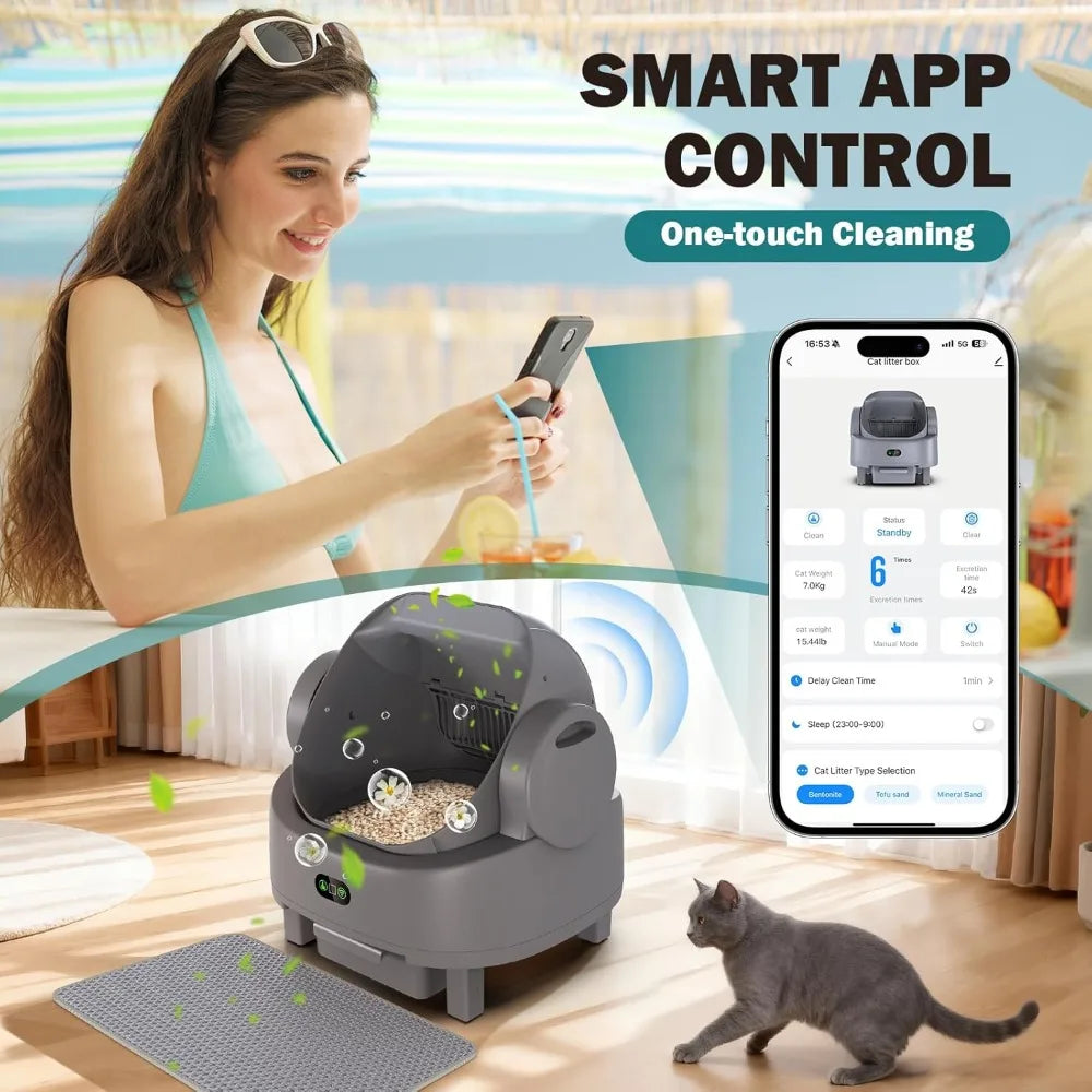 Automatic Litter Box, Open Top Large Self-Cleaning Cat Litter Box for Multi Cats, APP Control & Multiple Safety, Customized