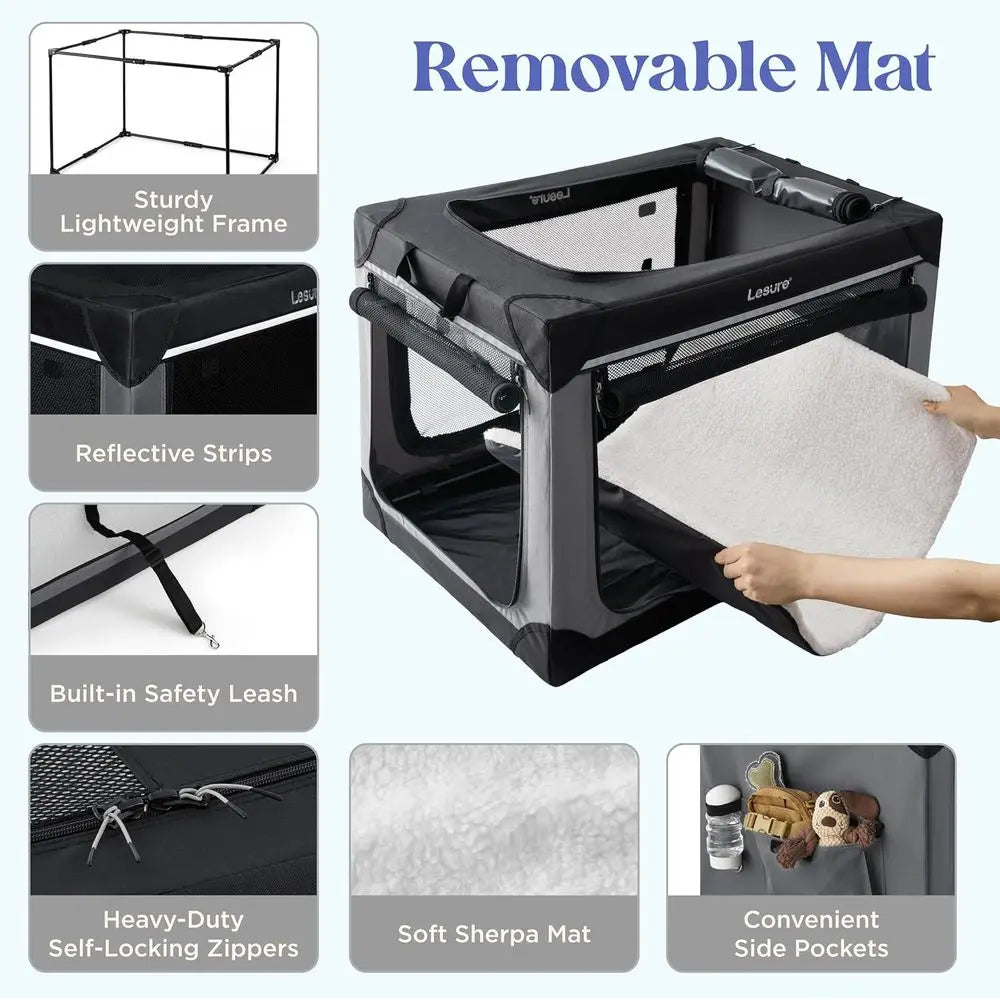 Portable 42 Soft-Sided Dog Crate for XL Dogs - Outdoor & Indoor Travel Kennel with 4 Doors and Mesh Windows, Black