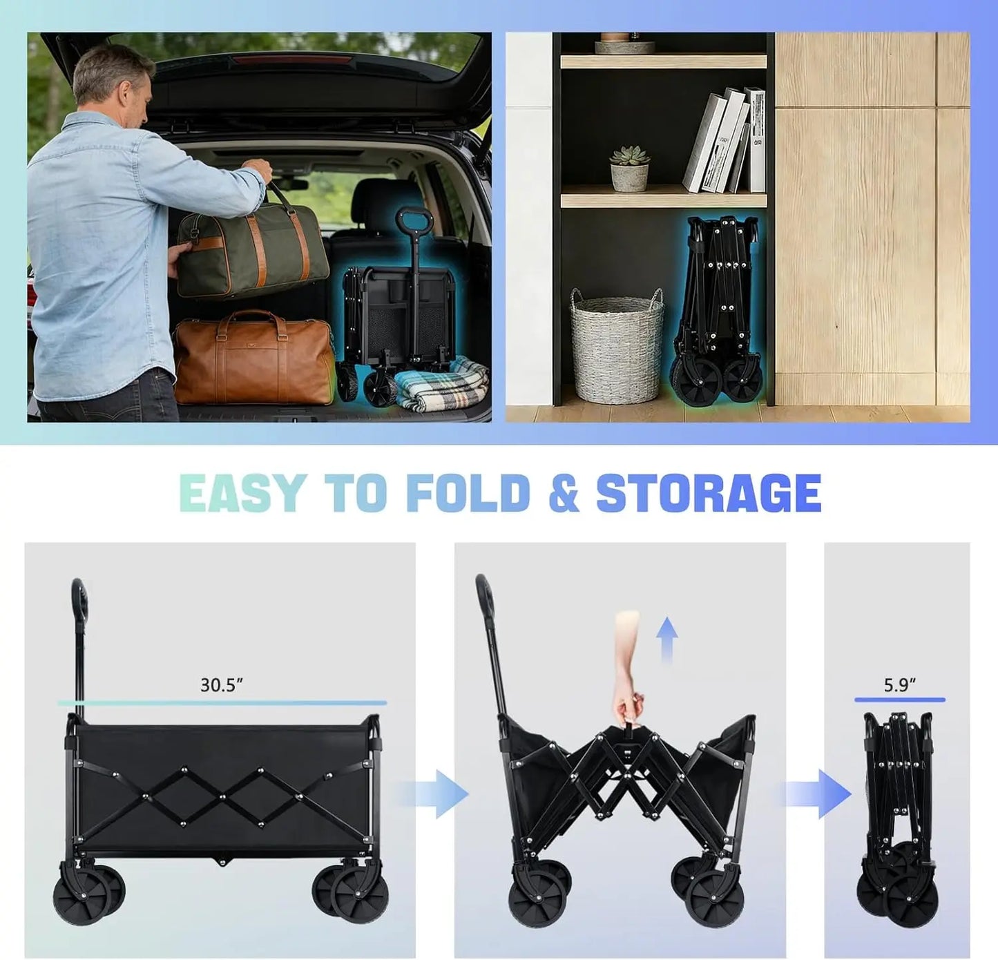 360LBS Collapsible Wagon Cart with Wheels - Heavy Duty Folding Wagon Carts for Grocery, Lightweight