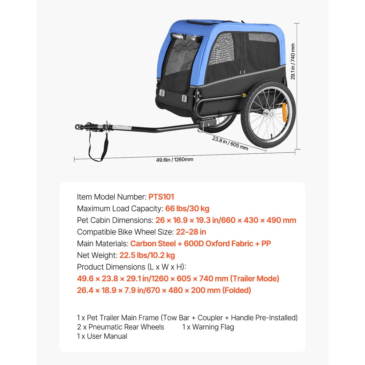 66/88 lbs Dog Bike Trailer Easy Folding Frame Pet Cart Bicycle Carrier With Coupler & Reflector for Small & Medium Dogs