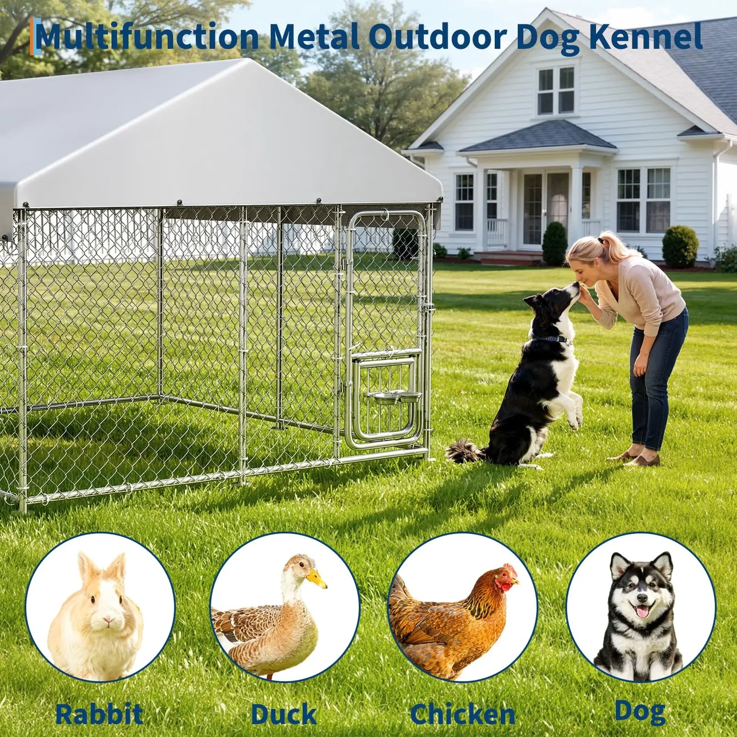 Heavy Duty 7.5 FT x 7.5 FT x 6.6 FT Outdoor Dog Kennel With Roof Cover, Lockable Feeding Door Dog Run For Large Dogs